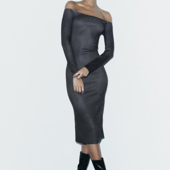 Zara Bodycon Dress Knit Off The Shoulder Fitted Ombre Charcoal Brown - Picture 1 of 12
